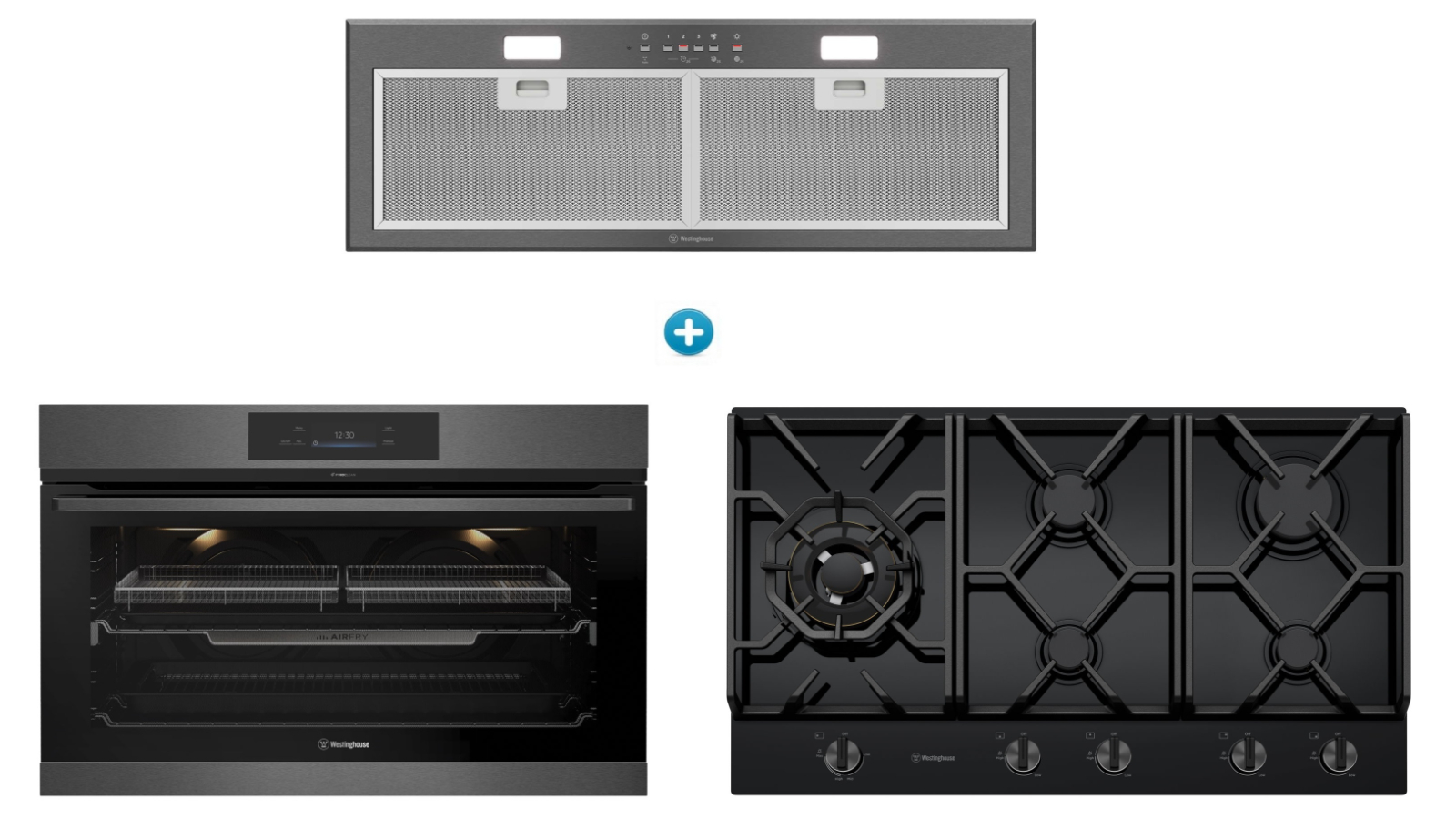 Westinghouse 900mm Multi-Function 17 Pyrolytic Oven with Air Fry with 5 Burner Gas Cooktop and Integrated Rangehood