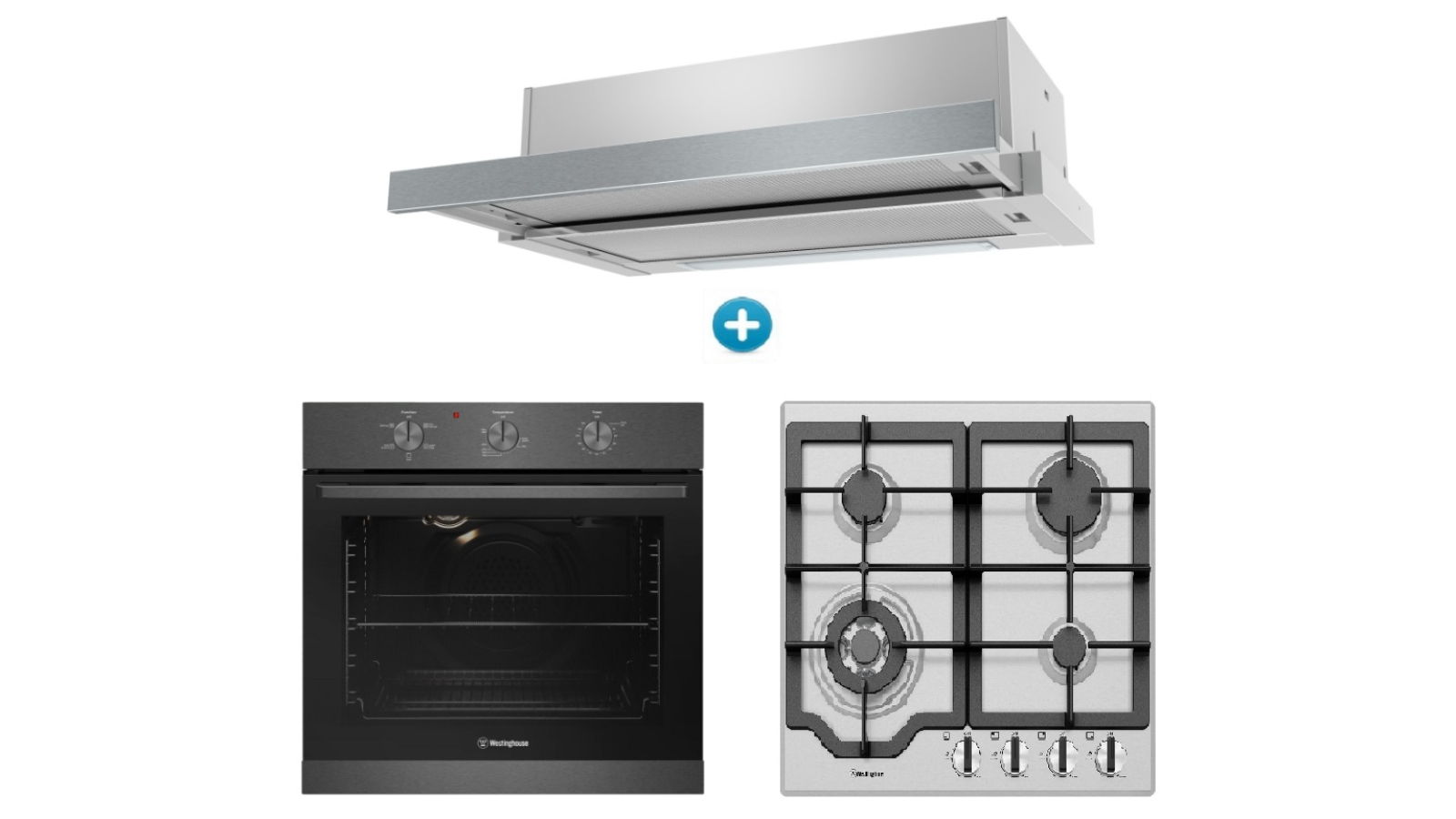Westinghouse 600mm Multi-Function 5 Oven 4 Burner Gas Cooktop Slimline Slide-Out Rangehood