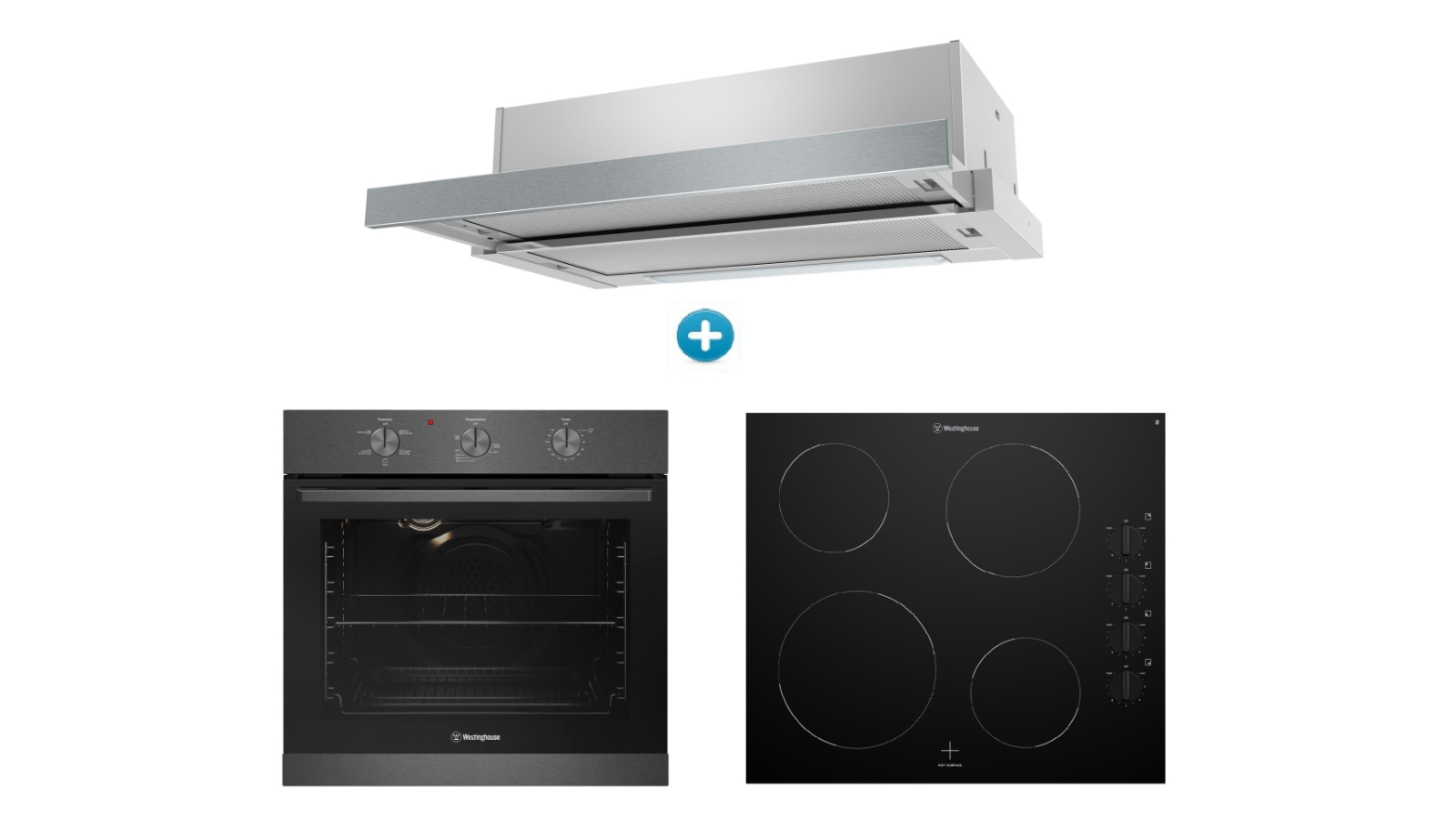 Westinghouse 600mm Multi-Function 5 Oven with 4 Zone Ceramic Cooktop with Knob Control and Slimline Slide-Out Rangehood