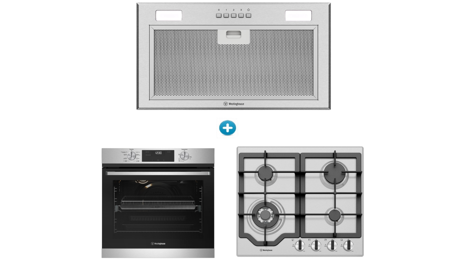 Westinghouse 600mm Multi-Function 8 Electric Oven with AirFry with 4 Burner Gas Cooktop and  Integrated Rangehood