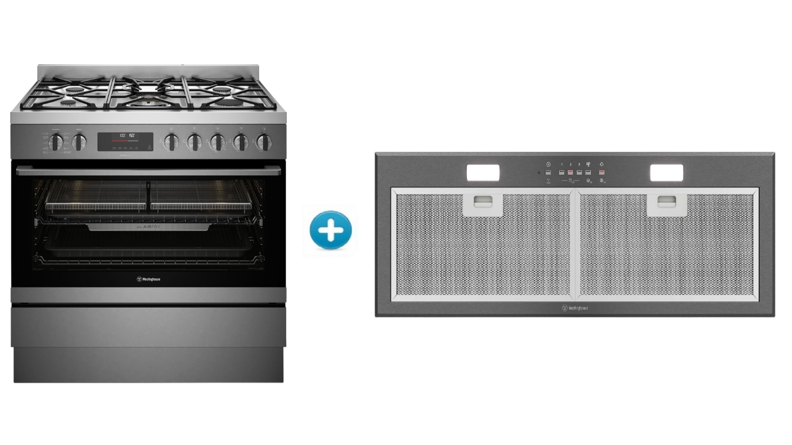 Westinghouse 900mm Dual Fuel Pyrolytic Freestanding Oven with AirFry plus Integrated Rangehood Package