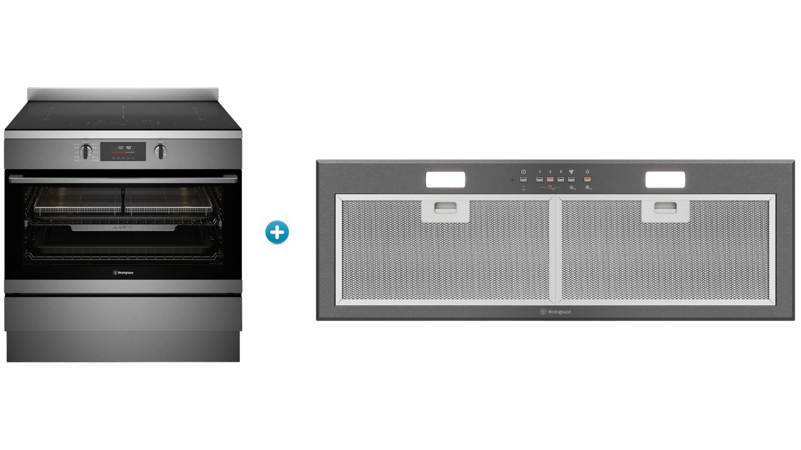 Westinghouse 900mm Pyrolytic Induction Freestanding Oven with AirFry plus Integrated Rangehood Package