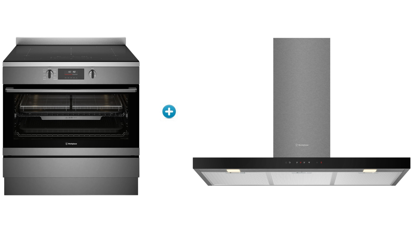 Westinghouse 900mm Pyrolytic Induction Freestanding Oven with AirFry plus Canopy Rangehood with Hob2Hood Package
