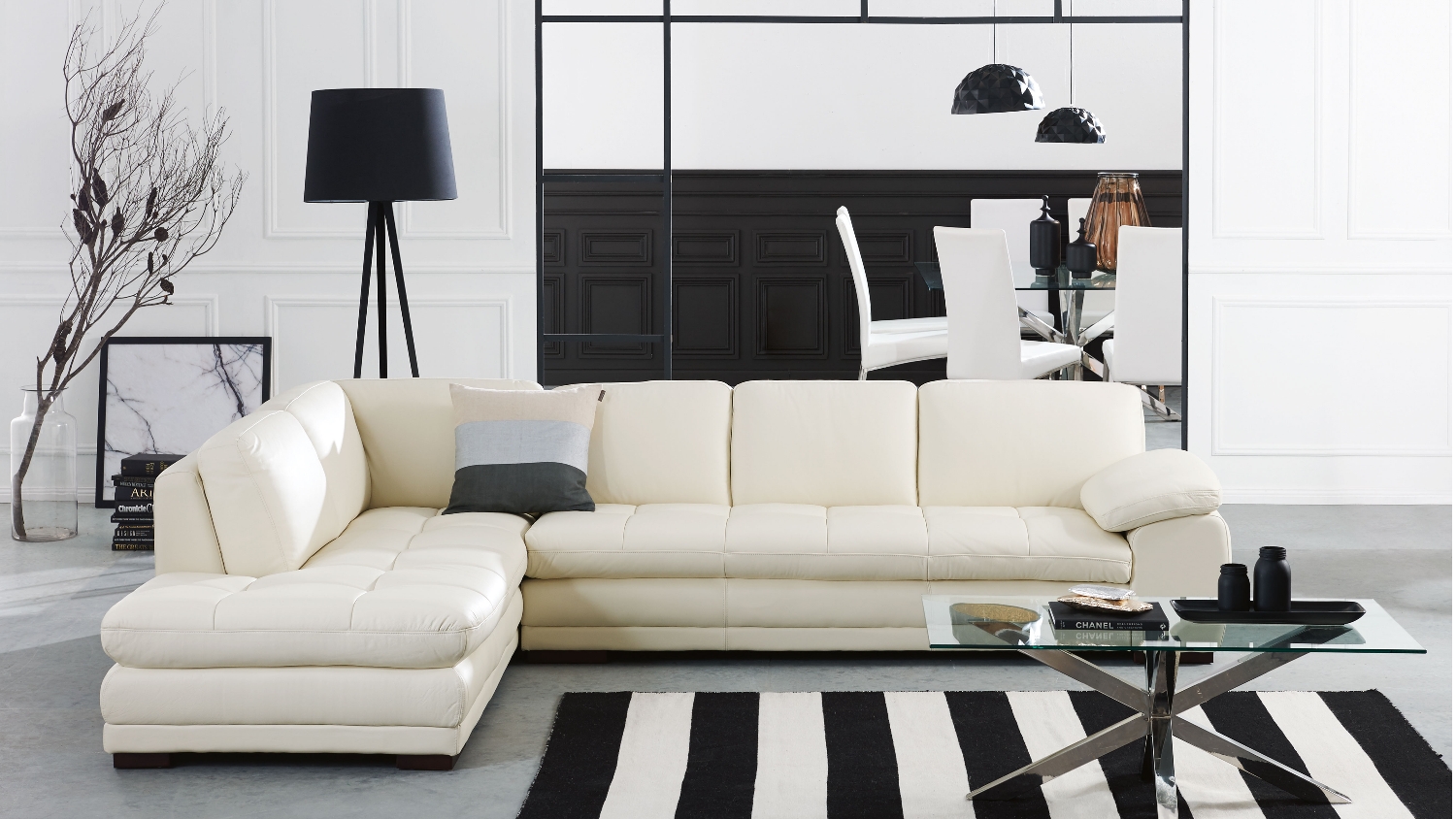 Mia 3 Seater Leather Lounge with Chaise White Domayne