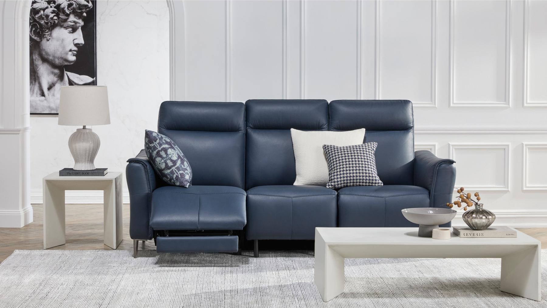 Bari 3-Seater Leather Lounge with Twin Electric Reclining Actions and Adjustable Headrests in Marina