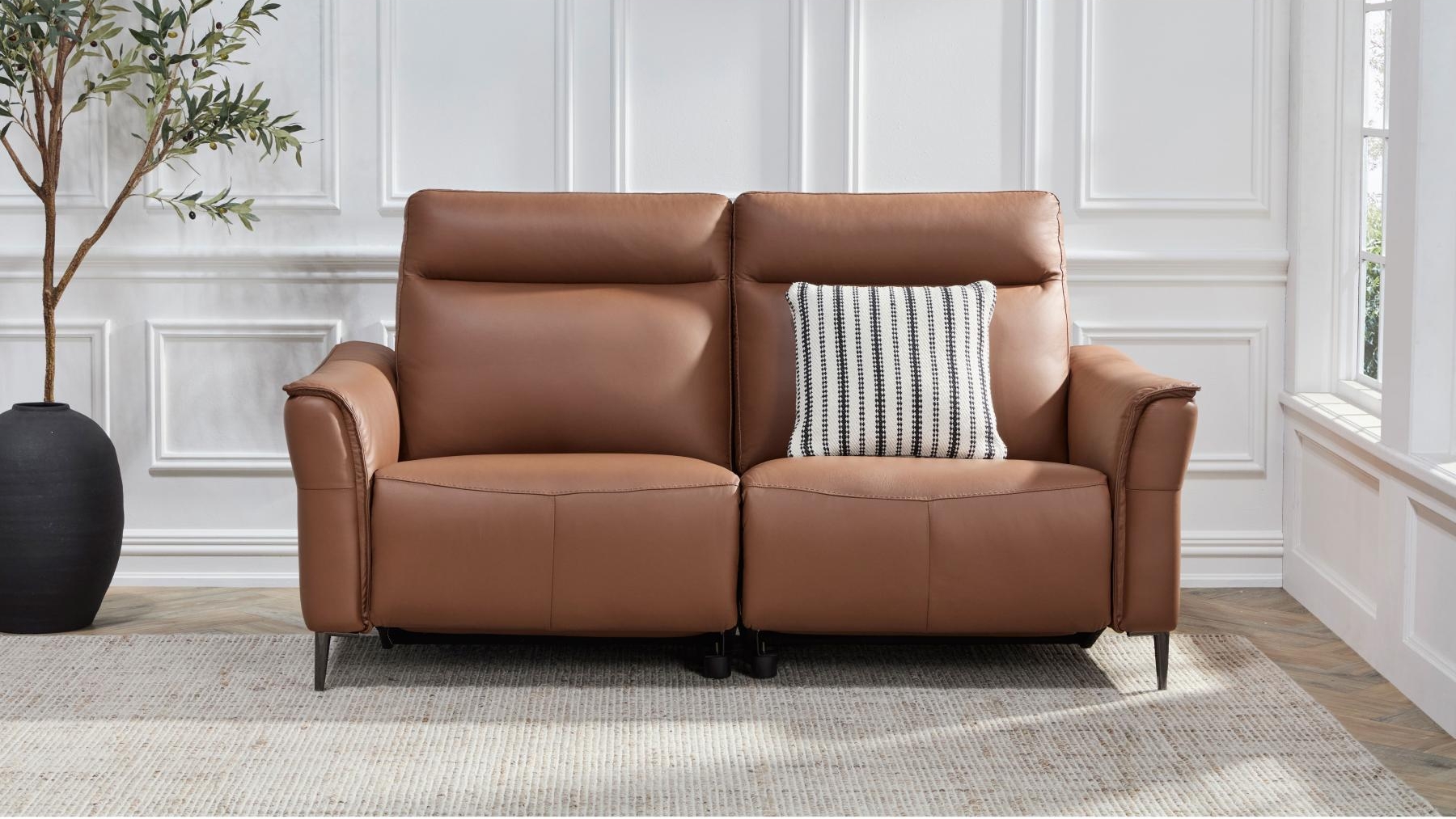 Bari 2.5-Seater Leather Lounge with Twin Electric Reclining Actions and Adjustable Head and Lumbar Support in Tosca