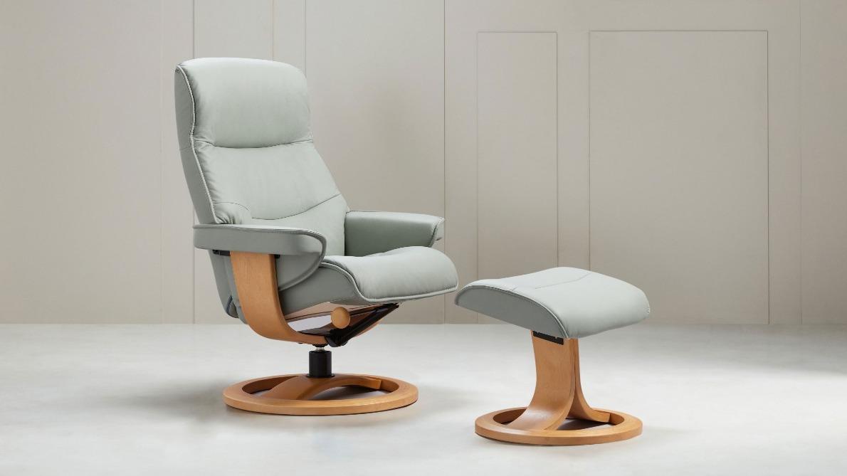 IMG Nordic 66 Standard Leather Recliner with Ring Base and Footstool in Lagoon/Oak