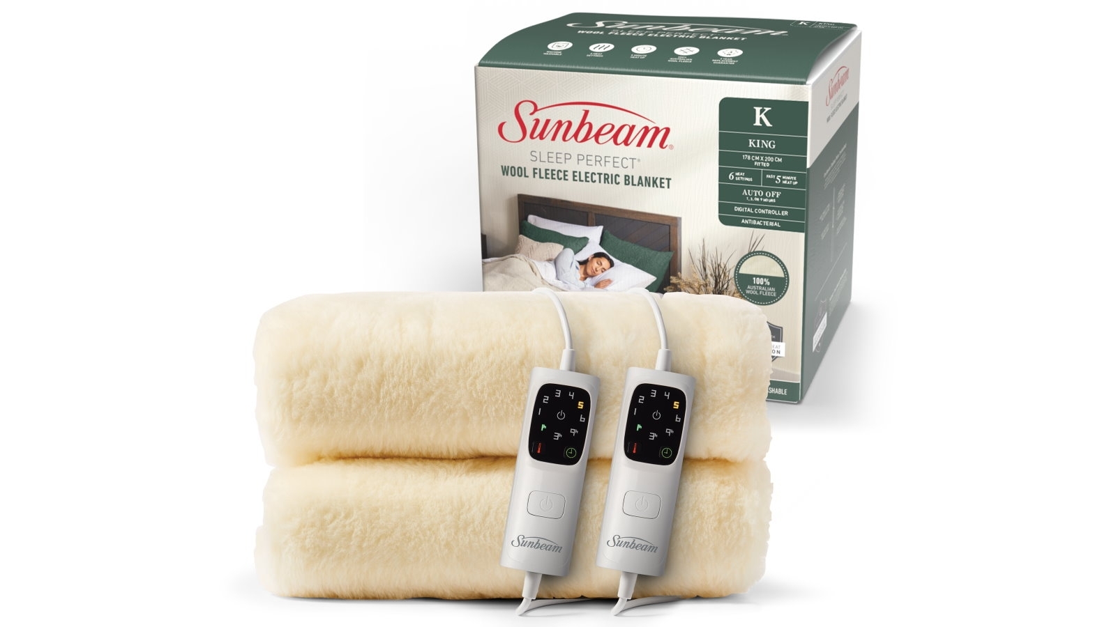 Sunbeam Sleep Perfect Antibacterial Wool Fleece King Electric