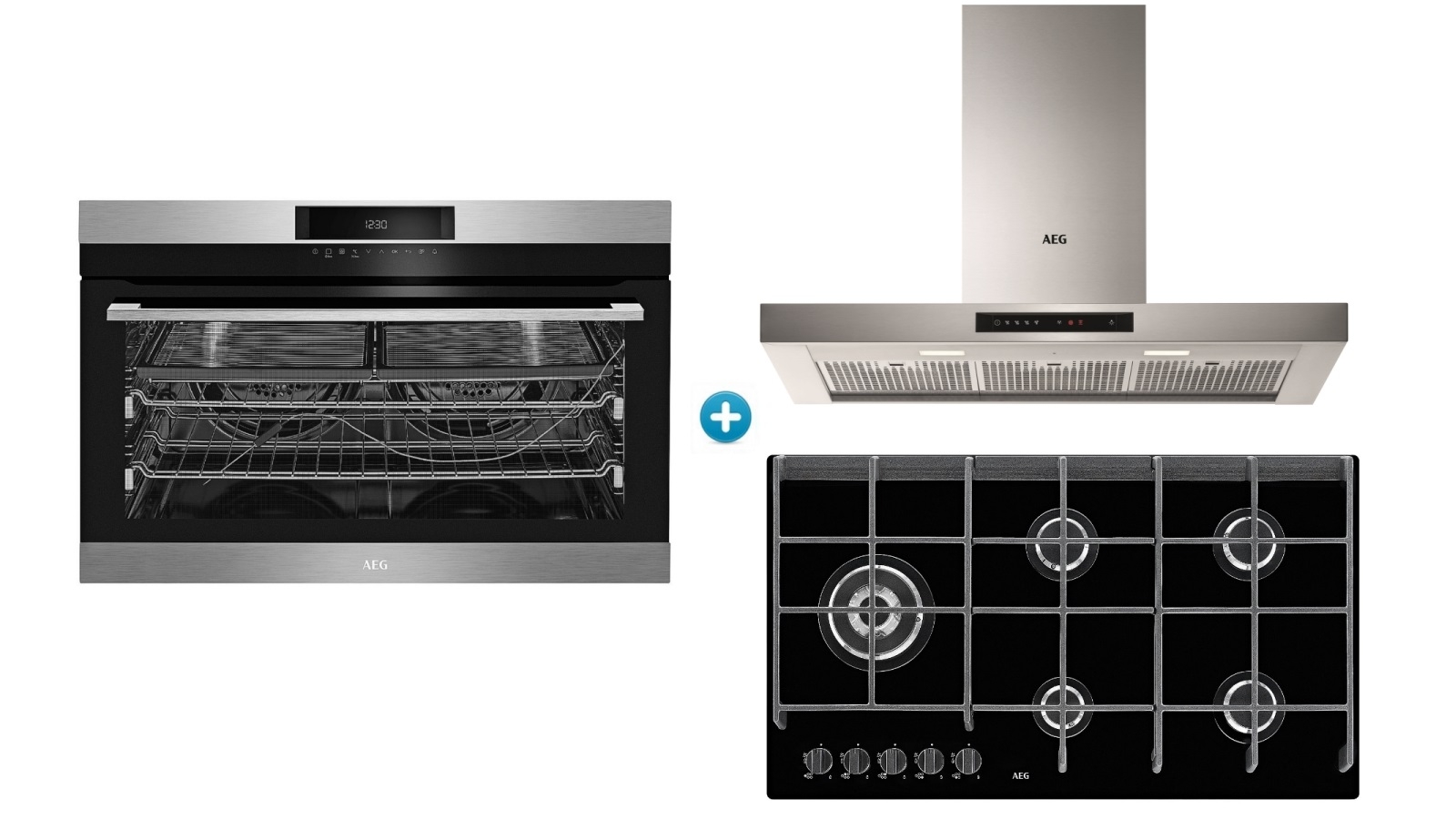 AEG 900mm SenseCook PyroLuxe Oven with Gas Cooktop & Canopy AEG 900mm SenseCook PyroLuxe Oven with Gas Cooktop & Canopy