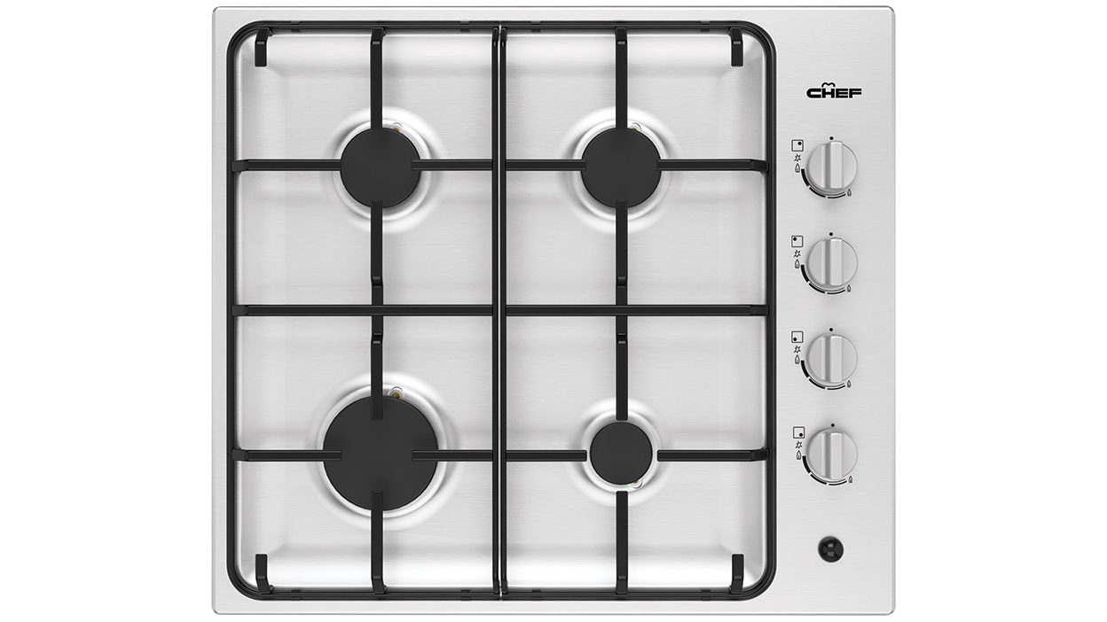 Chef 600mm 4 Burner Gas Cooktop with Battery Ignition - Stainless Steel