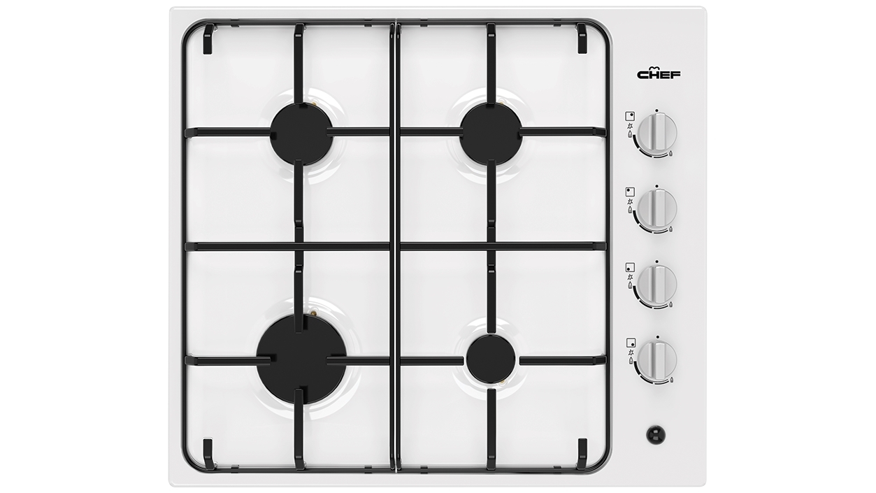 Chef 600mm 4 Burner Gas Cooktop with Battery Ignition - White