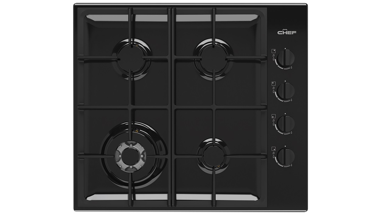 Chef 600mm 4 Burner Gas Cooktop with 14.4MJ/h Wok Burner - Black