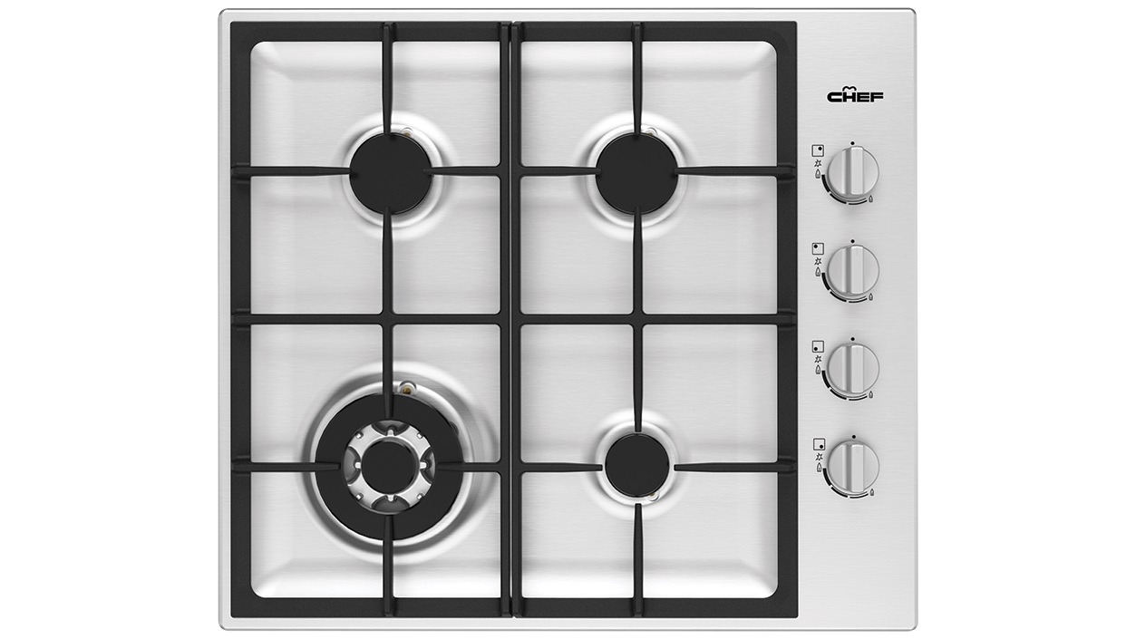 Chef 600mm 4 Burner Gas Cooktop with 14.4MJ/h Wok Burner - Stainless Steel