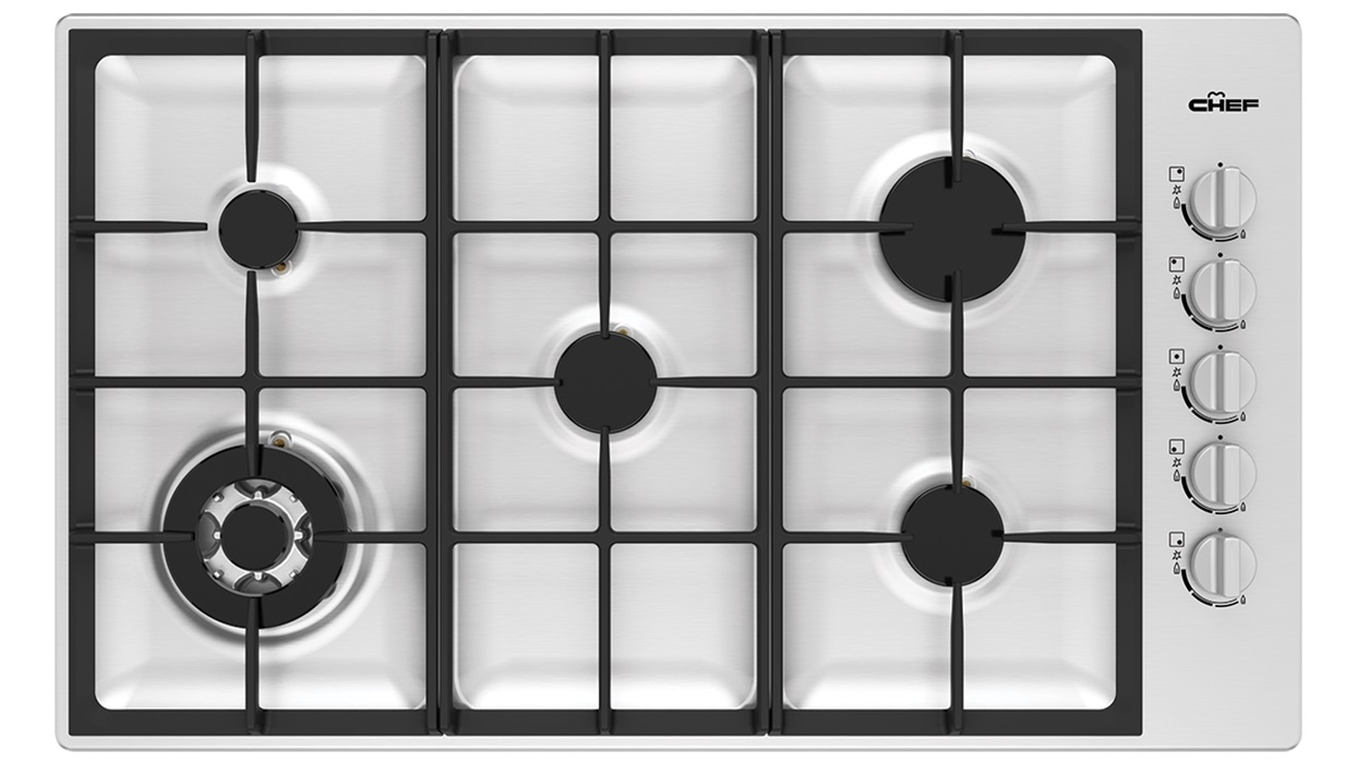 Chef 900mm 5 Burner Gas Cooktop with 14.4MJ/h Wok Burner - Stainless Steel