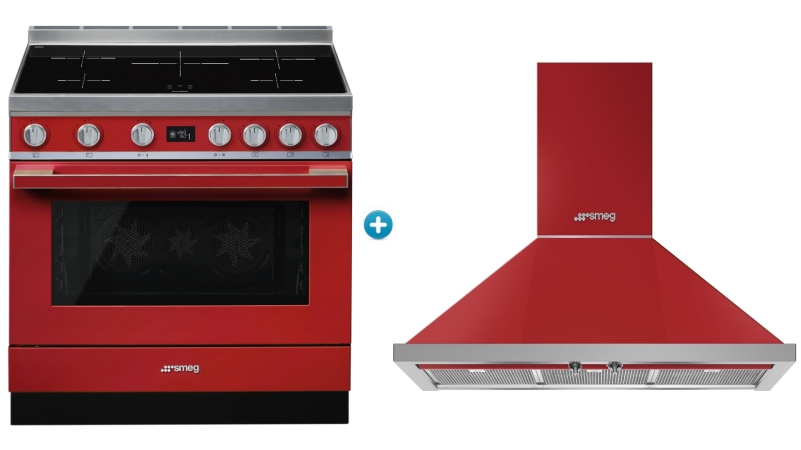 Smeg 900mm Portofino Induction Freestanding Cooker with Wallmount Rangehood - Coral Red