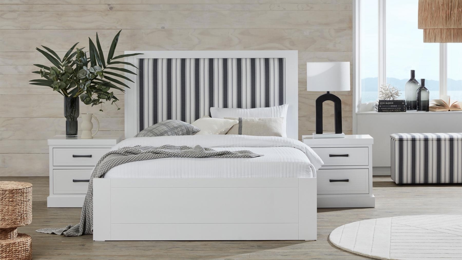 Montauk White Bed with Warwick Eastport Fabric
