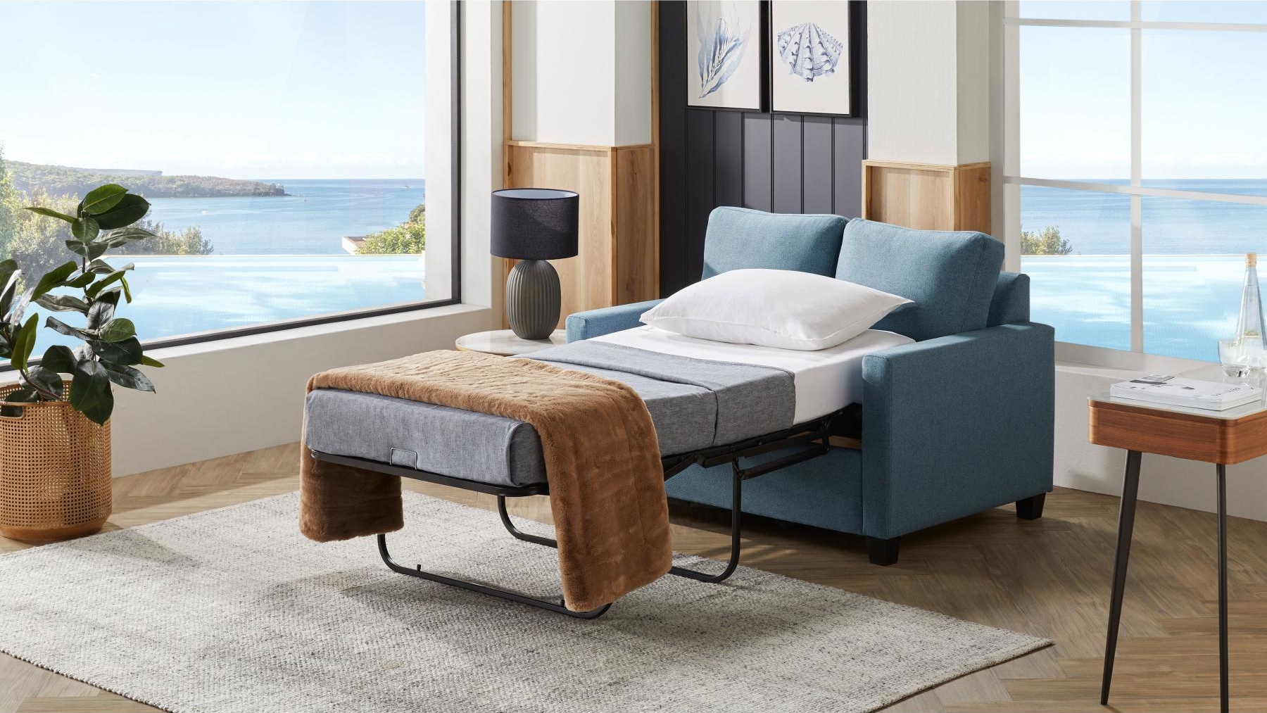 Newport 2 Seater Sofa Bed with 6 Thick Inner Spring Mattress Domayne