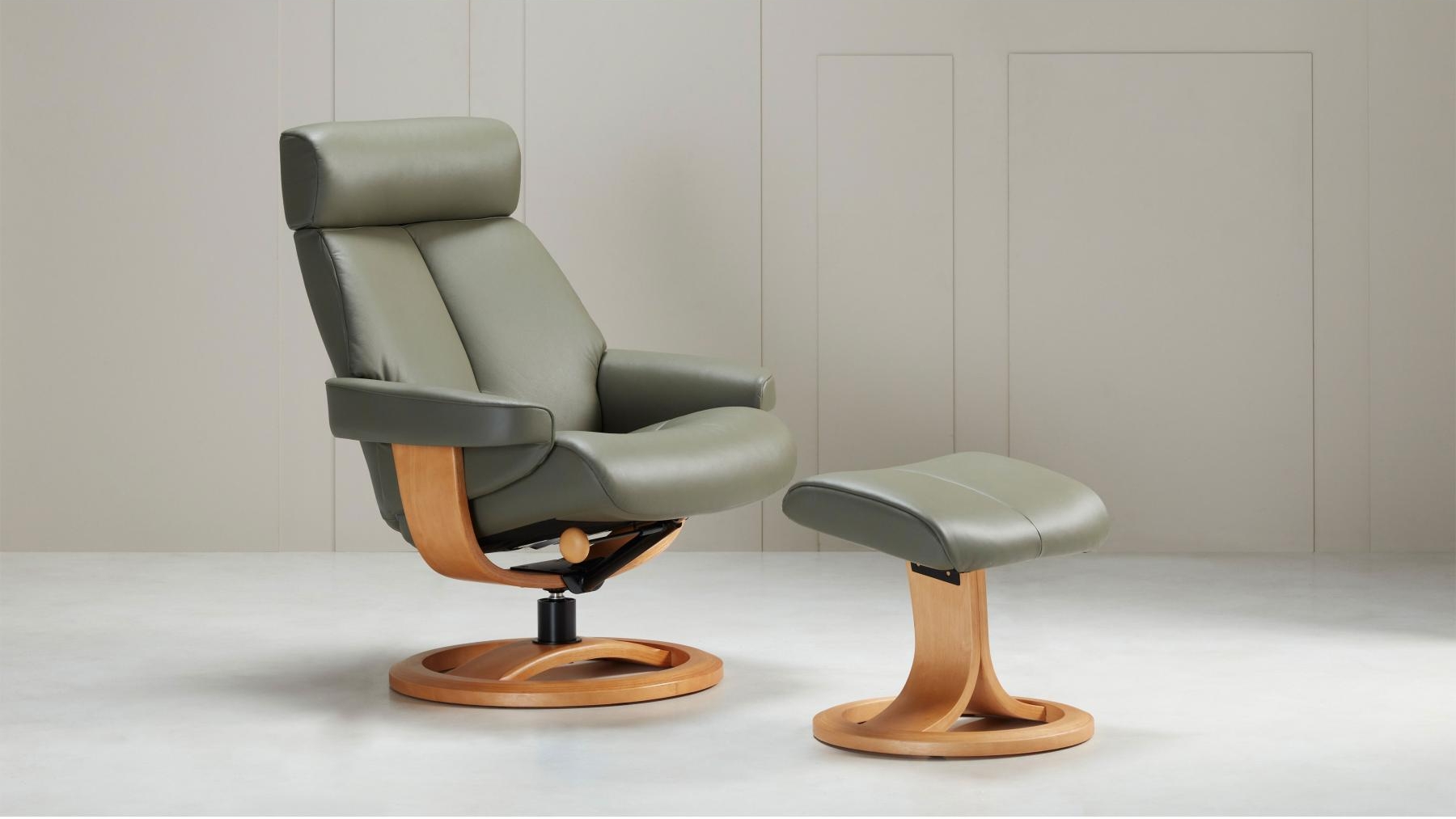 IMG Nordic 85 Large Leather Reclining Chair & Footstool - Moss/Oak