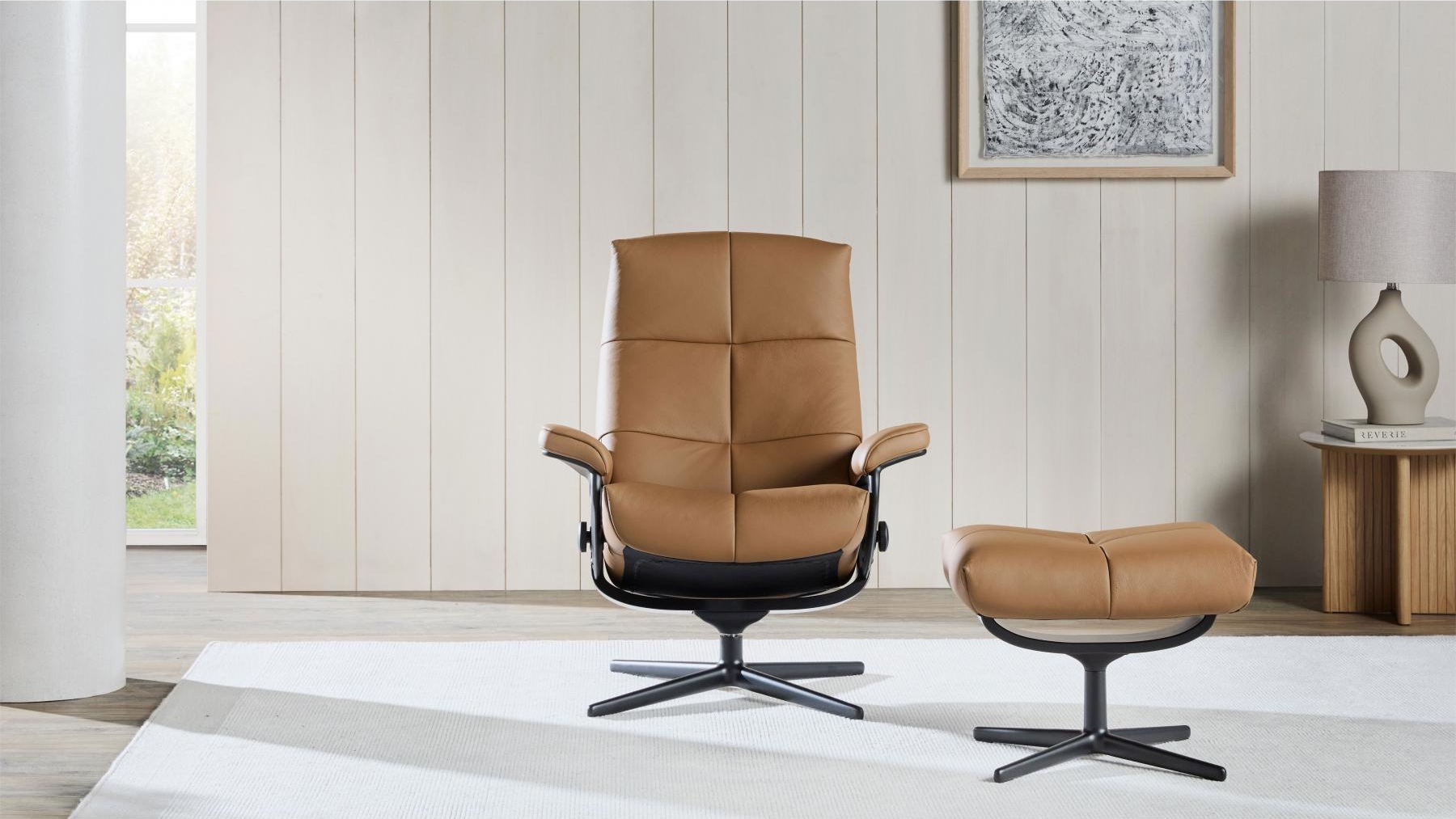 Stressless David Medium Leather Recliner with Footstool Cross Base in Batick New Caramel Domayne