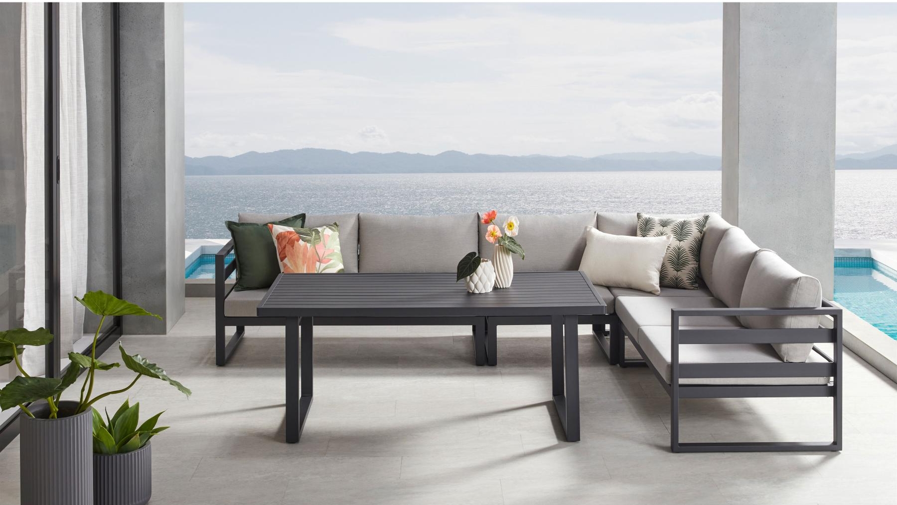 Islay Outdoor 5 Piece Corner Modular Lounge Dining Setting in Charcoal Domayne