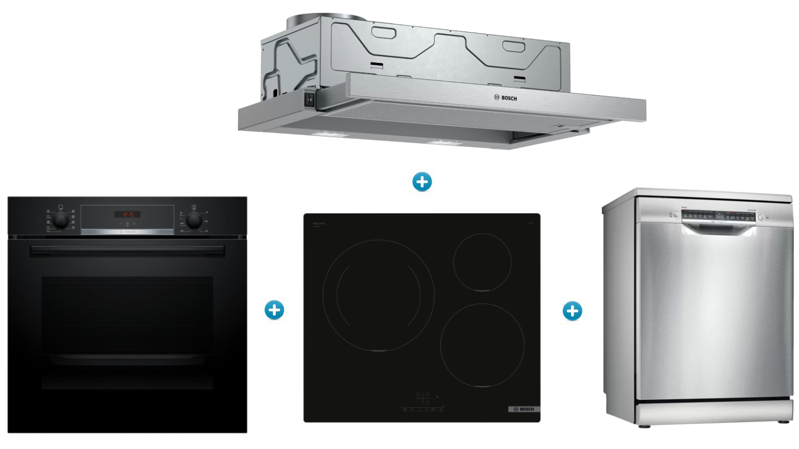 Bosch 60cm EcoClean Built-in Oven with Induction Cooktop,  Slide-Out Rangehood & Freestanding Dishwasher