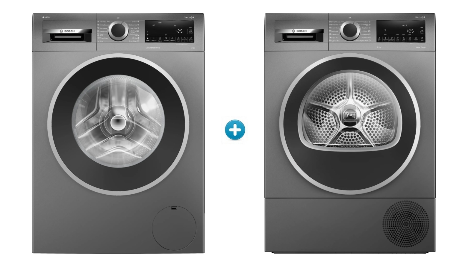 Bosch 9kg Series 6 Front Load Washing Machine with Aqua Secure plus 8kg Heat Pump Tumble Dryer with ActiveAir Technology Package
