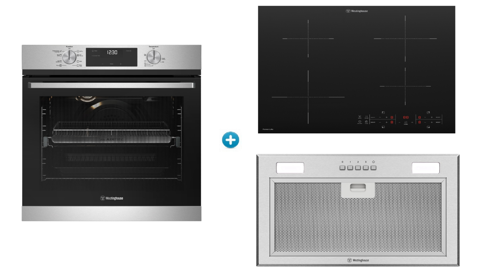 Westinghouse 600mm Multi-Function 8 Electric Oven with AirFry plus Powerlite Induction Cooktop and Integrated Rangehood